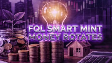 The image features a purple background with white text that reads "FQL: Smart Mint Money Rotates" followed by an explanation of smart money moves, such as investing in cryptocurrency or other altcoins. The image also includes various coins like Bitcoin (BTC), Ethereum (ETH), and Solana (Solana) along with some coins represented in the form of stacks of change. A calculator is placed next to these coins, suggesting that the viewer can perform financial calculations related to these coins.