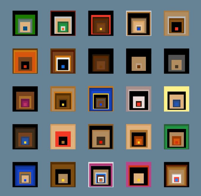 A 5x5 grid of 25 colorful nested square designs on a blue-gray background, with each square featuring concentric layers in various color combinations, representing the onchain generative art collection "Early Ninja Sight" by @ripe0x.