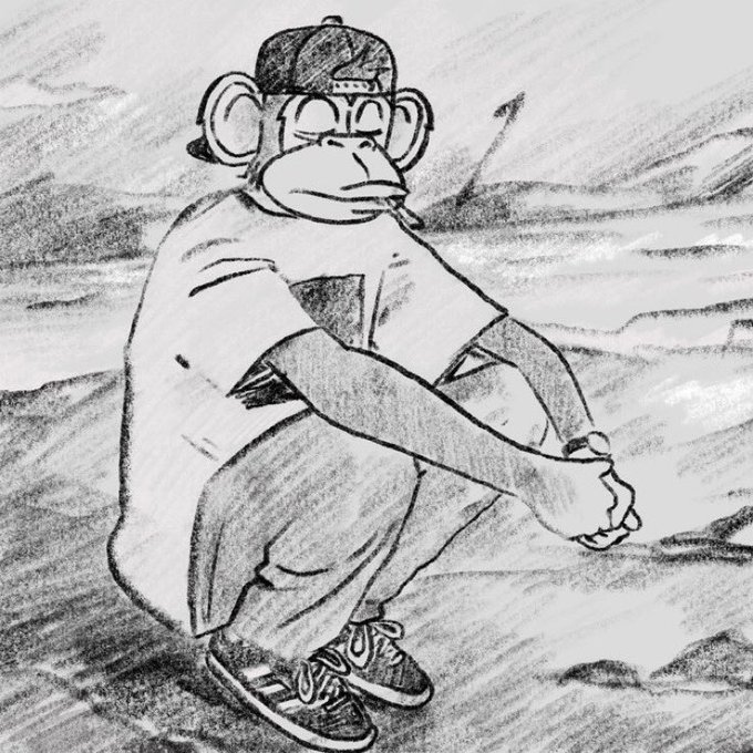 A pencil sketch of a contemplative ape character wearing a backwards cap, glasses, and sneakers, sitting with his arms crossed in a hazy landscape. The reflective, "once you see it" pose mirrors the post's theme of awakening to the Jungle Bay Ape Club ($BAYLA) project—suggesting an insider's quiet realization that changes one's perspective.