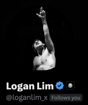 A black and white profile photo of a shirtless man with his arm raised, displaying the name 'Logan Lim' with a verified checkmark and the handle '@loganlim_x'.