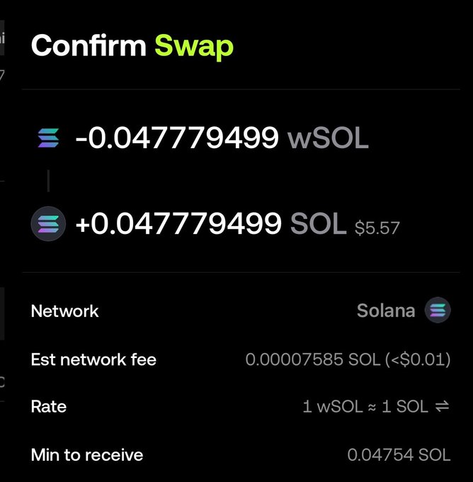 The image shows a "Confirm Swap" screen on the Solana network, displaying a transaction to exchange -0.047779499 wSOL for +0.047779499 SOL (~$5.57), with a network fee of 0.000007585 SOL and a rate of 1 wSOL ≈ 1 SOL. This relates to the post by illustrating a crypto wallet swap transaction, likely showing proof of funds or activity related to the token-launching guide mentioned.