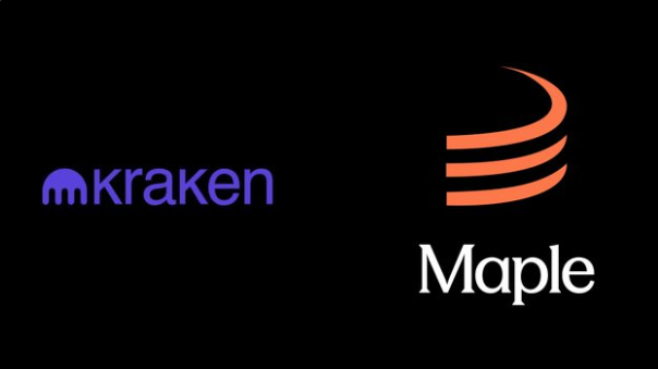The image displays the Kraken (purple octopus-style "kraken" logo) and Maple Finance (orange stylized "M" with "Maple" text) logos side-by-side on a black background, visually representing their partnership to build an onchain OTC lending warehouse facility that bridges centralized exchange liquidity with decentralized finance infrastructure.