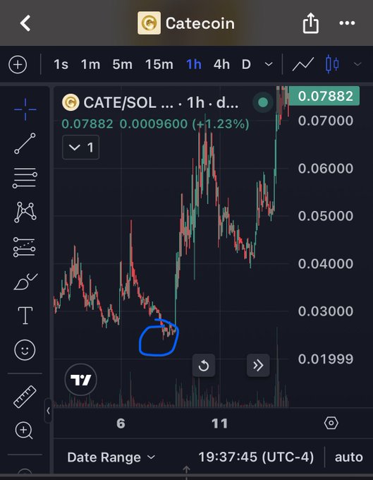 TradingView chart showing CATE/SOL (Catecoin) on 1-hour timeframe at 0.07882 (+1.23%), with a blue circle highlighting a notable price dip area on the candlestick chart.