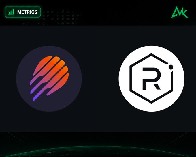 A dark metrics dashboard displays an orange/purple comet-like logo next to the white hexagonal 'Ri' logo, with a 'METRICS' button and 'MK' branding visible.