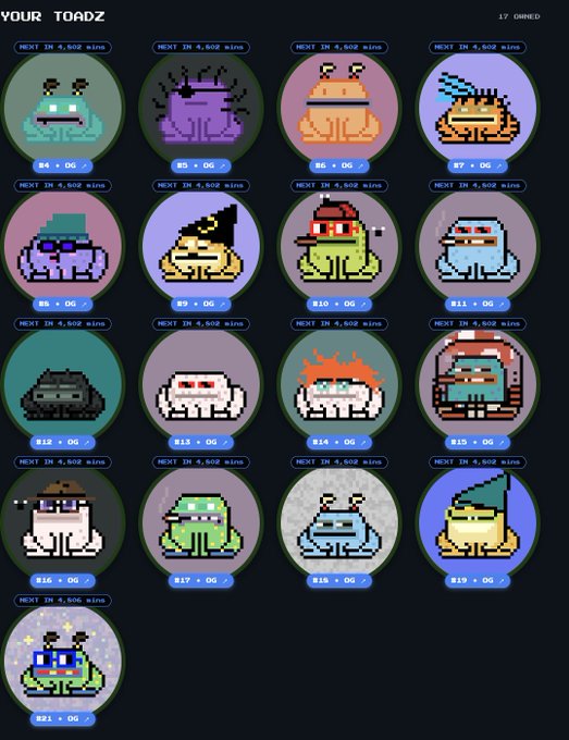 A digital collection screen titled 'YOUR TOADZ' displaying 17 owned pixel-art frog characters with various costumes and accessories, each with a 'NEXT IN 4,502 mins' timer and an 'OG' tag.