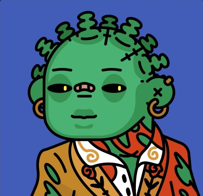 A stylized 2D illustration of a green-skinned character with stitched-up hair tufts, wearing gold earrings and a patterned orange and green shirt, against a solid blue background.
