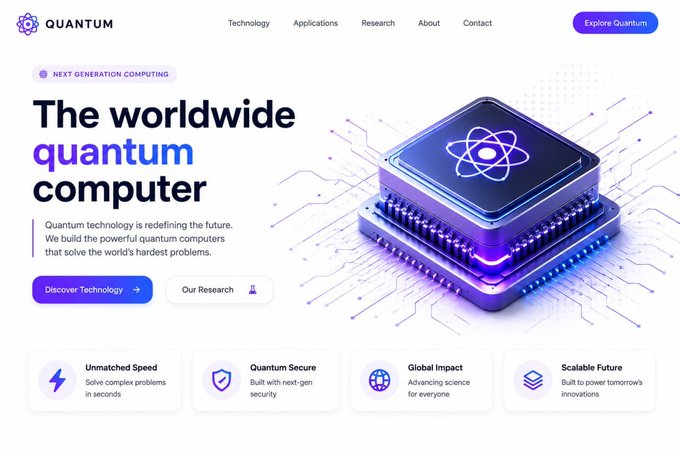 A website landing page for "QUANTUM" promoting "The worldwide quantum computer" with next-generation computing messaging, featuring a 3D rendering of a quantum processor chip in purple and blue.
