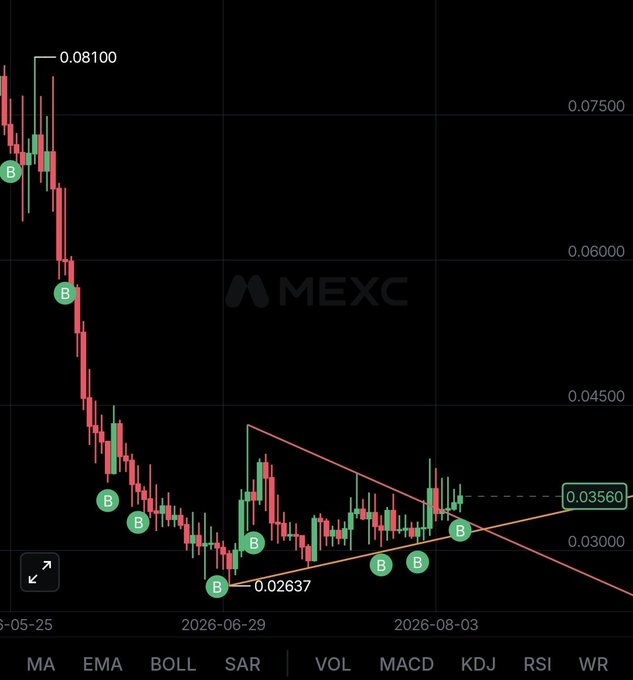 A candlestick chart from MEXC showing a downtrend in $RIO/realio_network from a high of 0.08100 to a low of 0.02637, with recent price action forming a symmetrical triangle pattern near 0.03560 marked by multiple "B" (buy) signals—visually supporting the poster's bullish "accumulating for long term" thesis on the asset.