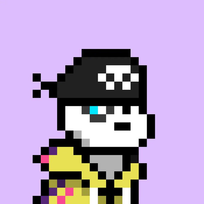 A pixel-art NFT-style illustration of a character with a black cap featuring a skull design, a turquoise eye, and yellow clothing set against a purple background.