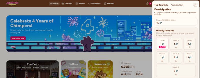 Screenshot of the Chimpers website celebrating 4 years, showing a 'Participation' sidebar with 40 tickets and Weekly Rewards for Weeks 1-7.