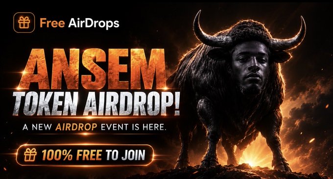 An advertisement for a 'Free AirDrops' promotion featuring 'ANSEM TOKEN AIRDROP!' with fiery orange text and an image of a man merged with a bull, claiming to be '100% FREE TO JOIN'.