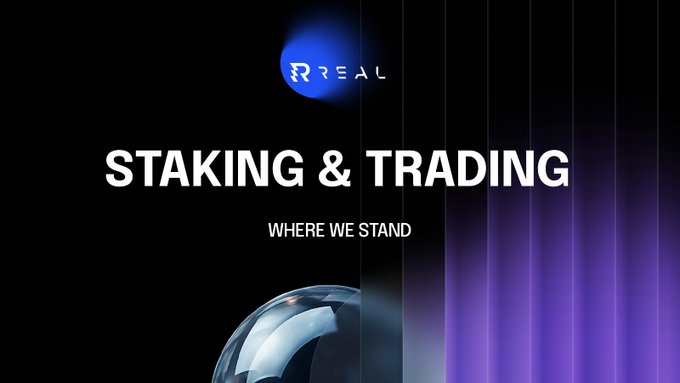 A dark promotional graphic with a blue glowing 'RREAL' logo at the top and bold white text reading 'STAKING & TRADING' and 'WHERE WE STAND' below it.