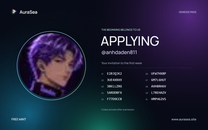 A screen from 'AuraSea' showing a Genesis Pass application for 'THE BEGINNING BELONGS TO US' under the username '@anhdaden811', displaying a profile picture and a list of invitation codes.