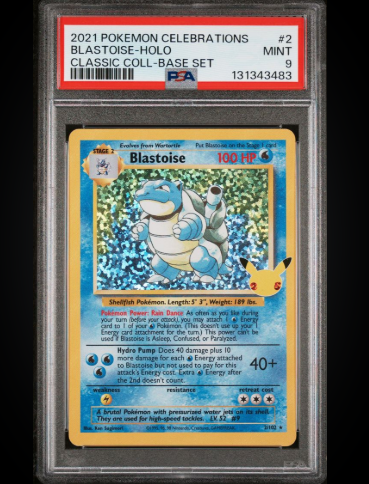 A PSA-graded 9 mint 2021 Pokemon Celebrations Classic Collection Blastoise-Holo card #2 in a protective slab.