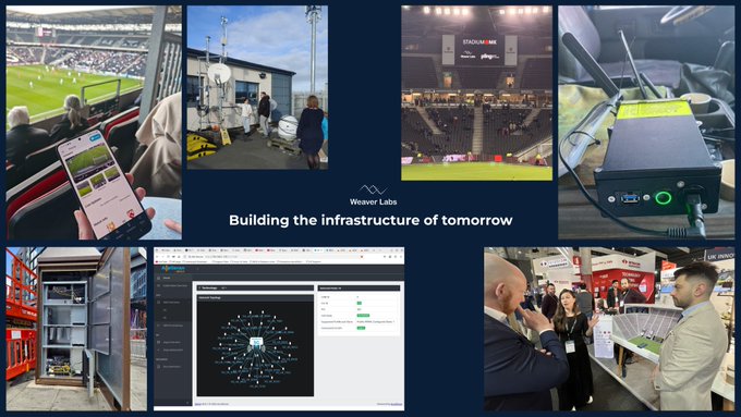 A collage showcases Weaver Labs' real-world telecom deployments, including Stadium MK (labeled "STADIUM MK" in the top row) where fans use a mobile app in the stands, alongside cell towers, networking hardware, server racks, a digital network topology interface, and team members at a trade show—visually substantiating the post's claim that their DePIN infrastructure extends beyond theory into functioning private 5G and port connectivity solutions.