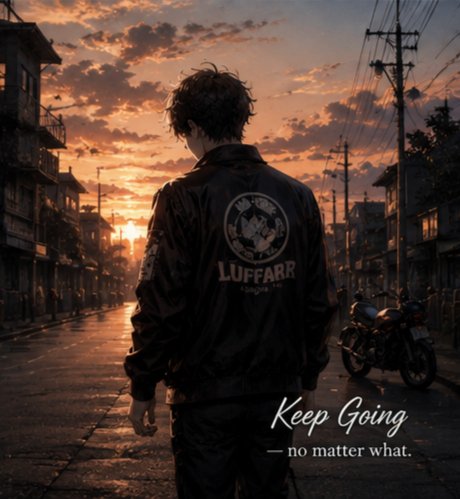 The image features a person walking down a street at sunrise, wearing a black jacket that says "Luffarr" on it. The sky above them has an orange hue, suggesting either early morning or late evening time of day. In the background, there are buildings and motorcycles parked along the street. Below the text "Keep Going - No matter what," there is a quote about the importance of timing in trading.