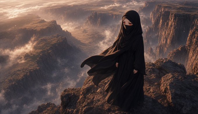 A solitary figure draped in flowing black robes and a face-covering veil stands atop a rugged cliff, overlooking a vast, mist-shrouded canyon bathed in golden light.

The image's anonymous, ominous figure overlooking an expansive and seemingly treacherous landscape mirrors the confident, larger-than-life energy of someone teasing a bold "SOLANA PARTY" giveaway—projecting an aura of mystery and dominance that fits the post's playful warning not to "fade" them.