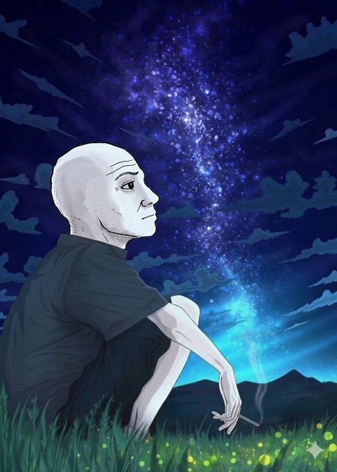 The image features a man sitting in a field, holding a cigarette and looking up at the sky. He appears to be contemplating something or simply enjoying the view of the stars above him. The background includes a night sky with numerous stars and a large galaxy, creating an atmosphere of wonder and awe. The post that accompanies this image is titled "Gm $wojak holders", which could possibly be related to the man's smoking habit or his interest in collecting cigarettes as a hobby.