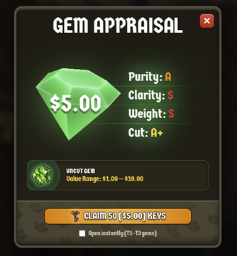 Gem appraisal screen showing a green gem valued at $5.00 with stats Purity A, Clarity S, Weight S, Cut A+, labeled 'UNCUT GEM' with an option to claim 50 KEYS.