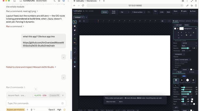 A split-screen showing a GitHub pull request conversation on the left (runvettrufo/lecere-flash) and the LeStudio application interface running on localhost:13050 on the right, with various canvas and layer settings visible.