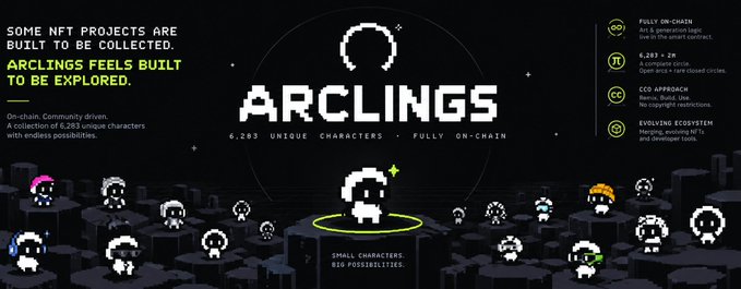 A promotional banner for 'ARCLINGS' NFT project featuring 6,283 unique on-chain pixel characters and text 'SOME NFT PROJECTS ARE BUILT TO BE COLLECTED. ARCLINGS FEELS BUILT TO BE EXPLORED.'