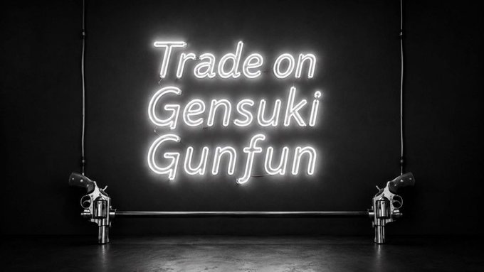 A black and white photograph of a neon sign reading 'Trade on Gensuki Gunfun' mounted above a bar with two beer taps.