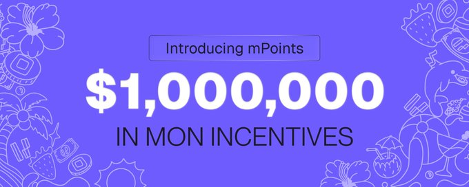 The image is a promotional banner with a purple background featuring tropical-themed line illustrations, announcing "Introducing mPoints" and "$1,000,000 IN MON INCENTIVES." It visually reinforces the post's message about Perpl's "Perpl Summer" event, which is distributing $1 million worth of MON tokens to participants.