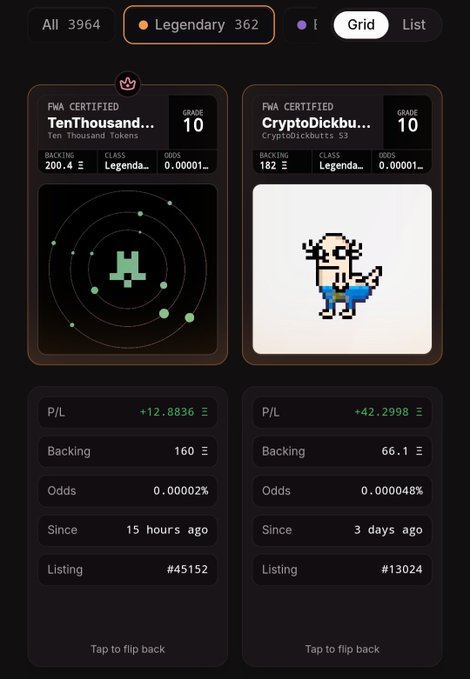 A mobile app interface displaying two FWA Certified NFT cards—a 'Ten Thousand Token' and 'CryptoDickbutt S3'—both with Grade 10 ratings, under a 'Legendary' filter showing 362 items.