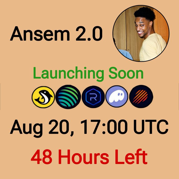 The image announces "Ansem 2.0 Launching Soon" with logos for Jupiter, Surf, Radium, Phantom, and Solscan, featuring a countdown of "48 Hours Left" until the August 20, 17:00 UTC launch. It promotes an airdrop campaign offering 10,000,000 $ANSEM tokens to the first 1,500 participants who follow and submit their SOL wallets, directing users to a Telegram channel for the contract address.
