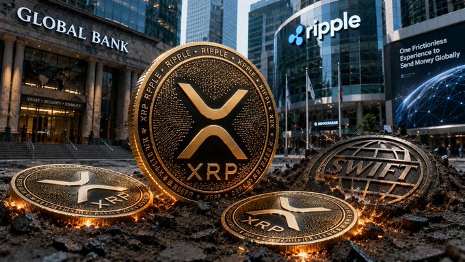 The image features a large golden coin, possibly an XRP token, placed on top of three smaller coins. The background shows a cityscape with buildings, including one labeled "Global Bank". A banner can be seen in the distance that reads "SWIFT confirms 25+ banks are expected to go live with crypto-powered 24/7 cross-border payments by June - many of them are already Ripple partners." This suggests that the coin is related to cryptocurrency and could potentially be a token or investment.