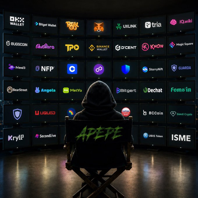 The image shows a person sitting in front of multiple computer monitors or TVs displaying logos related to cryptocurrency exchanges such as Bitcoin Cash, Bitcoin, and Ripple. The person appears to be wearing a hoodie with the word "APPEE" written on it. The scene suggests that the individual is engaged in an activity involving these digital platforms, possibly participating in a virtual event or gathering related to cryptocurrency trading or investing.