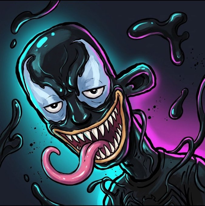 An illustrated cartoon of a sinister black symbiote-like character with a wide grinning mouth full of sharp teeth and a long pink tongue against a teal and purple background.