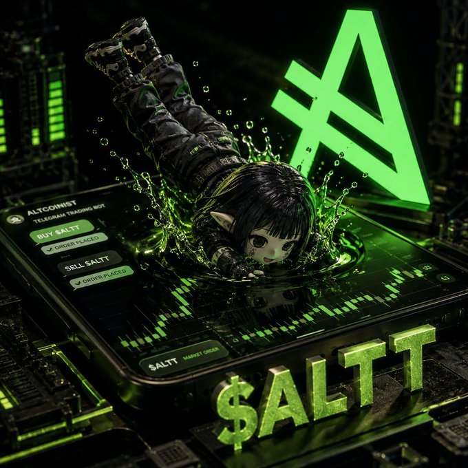 A stylized green-tinted promotional image for '$ALTT' featuring an elf-like character emerging from liquid on a smartphone displaying trading orders, with an Altcoinist logo and geometric symbol in the background.