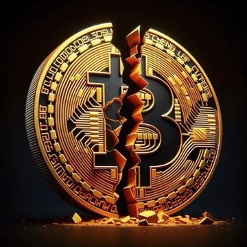 A conceptual 3D render of a golden Bitcoin coin broken in half against a dark background, with glowing orange fragments scattered around its base.