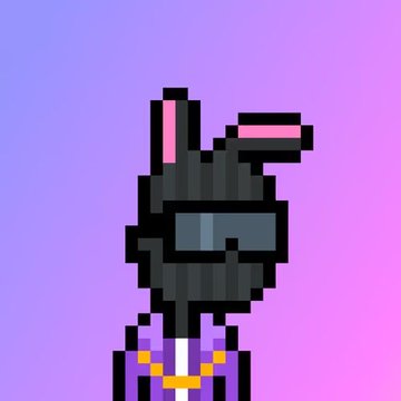 A pixel art character with rabbit ears wearing sunglasses and a purple suit, set against a gradient pink and purple background.