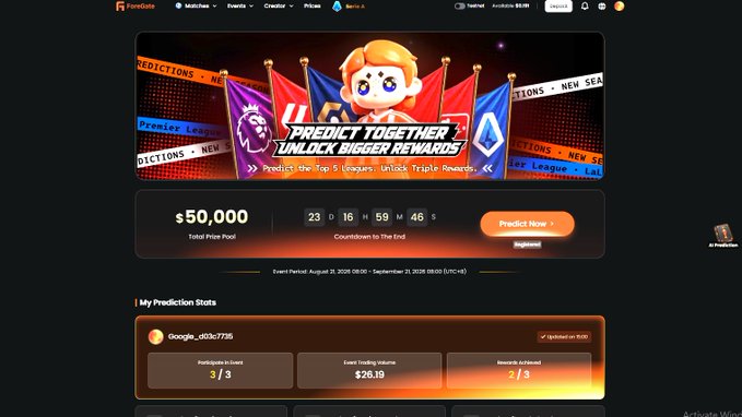 A screenshot of a FanDuel webpage showing a "Predict Together" promotion for the Premier League with a $50,000 total prize pool and a countdown timer.