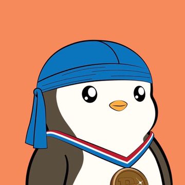 A cartoon penguin mascot wearing a blue bandana and a bronze medal stands against an orange background.