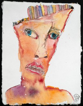 A watercolor painting depicting a stylized portrait of a figure with large blue eyes, angular features, and colorful striped hair against a white background.