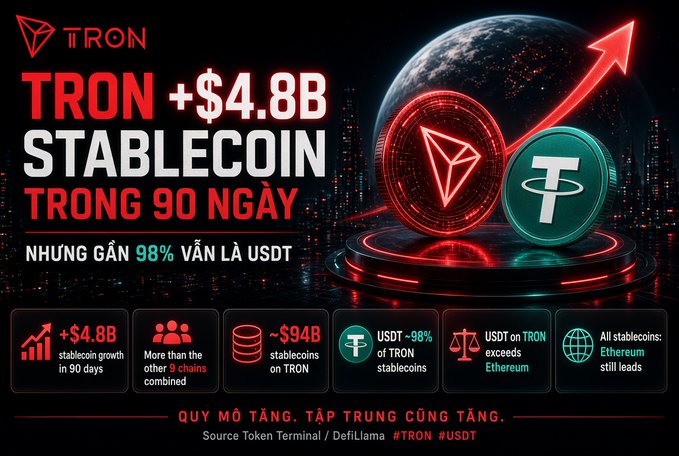 A promotional graphic from TRON highlighting a $4.8B increase in stablecoin market cap on the TRON network over 90 days, with USDT accounting for approximately 98% of those stablecoins—nearly matching the visual's claim that "USDT on TRON exceeds Ethereum." Key stats displayed include "+$4.8B stablecoin growth in 90 days," "More than the other 9 chains combined," and "~$94B stablecoins on TRON," sourced from Token Terminal and DeFiLlama, with hashtags #TRON and #USDT.