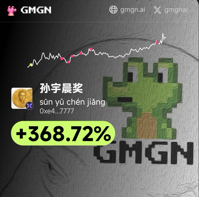 GMGN promotional graphic showing the token 'sūn yǔ chén jiāng' (0xe4...7777) with a +368.72% gain, a line chart, and the website gmgn.ai and X handle @gmgnai.