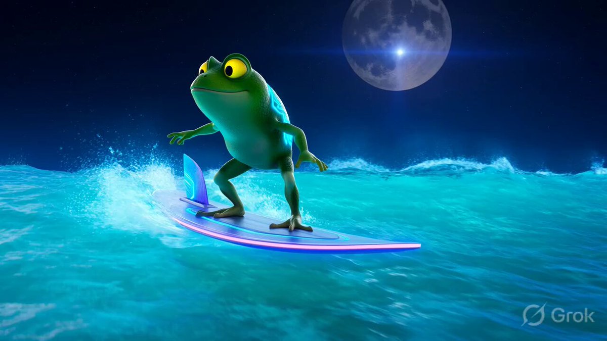 !"GreatAfternoonllegends $PI can hit $10 in the next 3 months #NomismaNetwork", this post is about a character named "Nomisma Network" who has an interesting skill, he is a frog that surfs on his surfboard. The image also shows a background of a full moon and waves crashing to create a serene beach setting.