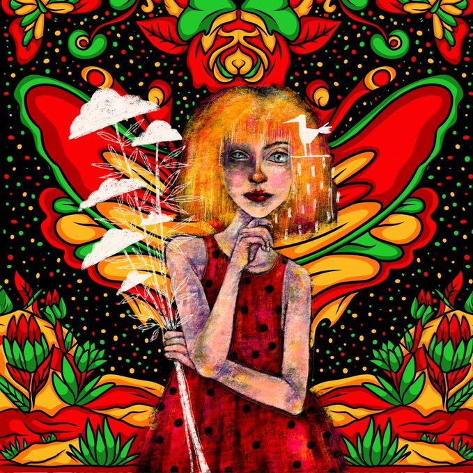 Colorful psychedelic illustration of a blonde girl in a red polka dot dress holding stylized plants, surrounded by vibrant floral patterns, a red rose, and a small white bird.
