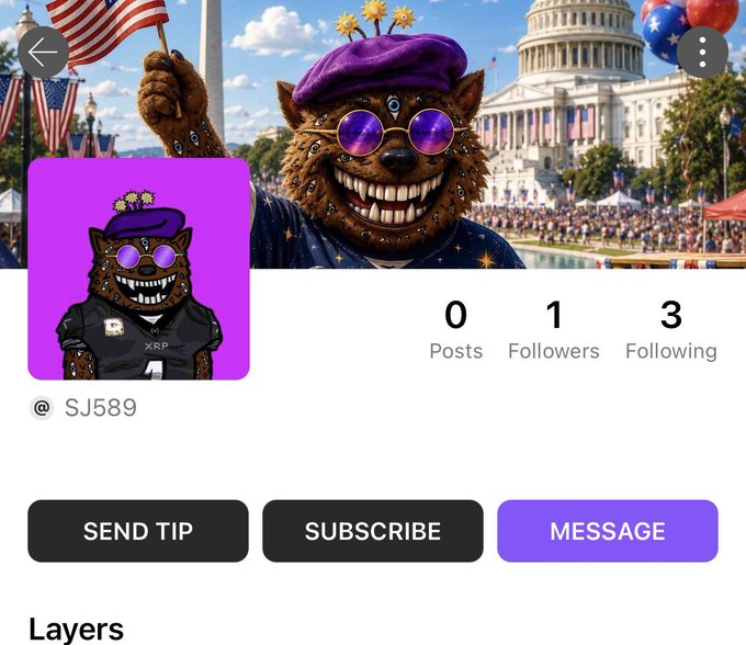 Profile page for user @SJ589 showing 0 posts, 1 follower, and 3 following, featuring an animated bear character wearing a purple beret and sunglasses with an XRP-labeled jacket, set against a Capitol building backdrop.