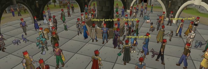 A crowded medieval-fantasy marketplace scene shows many red-haired characters gathered near a central pillar. Visible yellow text includes “Selling red party hat!”, “Party at GE!”, “everyone got one?!”, and “everyone got one?!”, though no specific Solana token branding is shown.