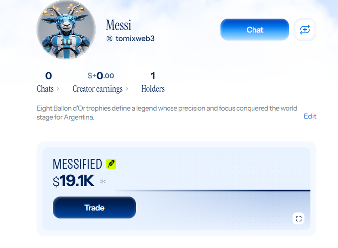 A screenshot of a Farcaster or similar Web3 social profile for 'Messi' by tomixweb3, showing a metallic goat avatar, 0 chats, $0.00 earnings, 1 holder, and a 'MESSIFIED' token with a market cap of $19.1K.