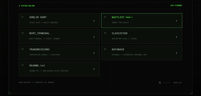 A dark-themed digital interface displays a 'SYSTEM ONLINE' status with green menu options including '01 GOBLIN HUNT', '02 WAITLIST PHASE 2', '03 MINT_TERMINAL', '04 CLASSIFIED', '05 TRANSMISSIONS', '06 DATABASE', and '07 README.txt'.