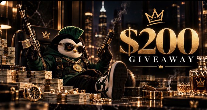 A penguin mascot wearing a green mohawk, sunglasses, and gold chains lounges on stacks of cash with golden pistols, set against a city skyline backdrop, promoting a "$200 GIVEAWAY" with a crown logo. The bold gold text reinforces the cash-prize theme described in the post about @JoeyMoose's giveaway contest.