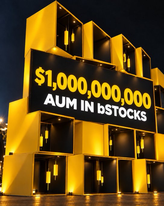 A modern yellow-lit architectural display prominently features the text "$1,000,000,000 AUM IN bSTOCKS" against a black backdrop, celebrating bStocks Finance reaching $1 billion in assets under management on BNB Chain as highlighted in the post.