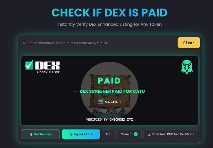 A website interface titled 'CHECK IF DEX IS PAID' displays verification for a token, showing 'PAID', 'DEX SCREENER PAID FOR CATU', and 'SOLANA', verified by CheckDEX.xyz.
