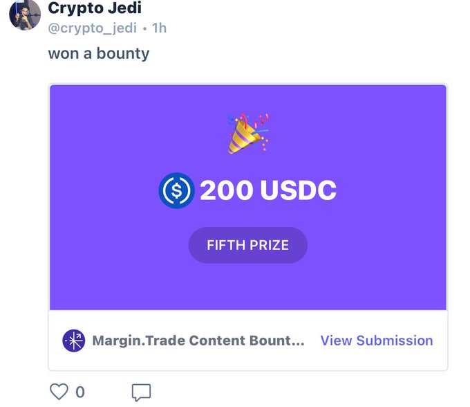 A Twitter post by Crypto Jedi (@crypto_jedi) announces winning a bounty, showing a celebratory graphic that awards 200 USDC as a "FIFTH PRIZE" for the Margin.Trade Content Bounty, aligning with the post's excitement about reaching 27 bounties on SuperteamEarn.